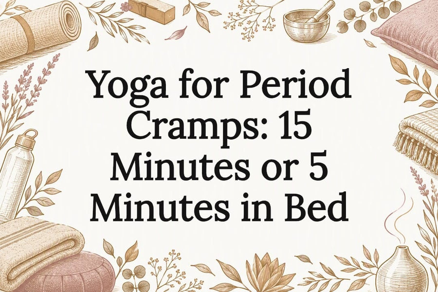 Hand-drawn yoga props frame the title