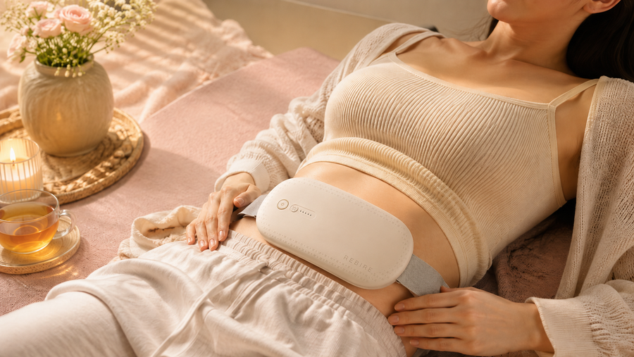 Woman using Ivory NuFemme wearable device during a calm period comfort routine