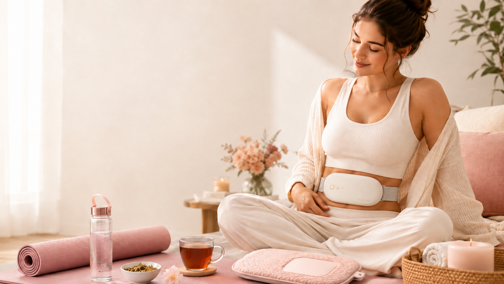 Woman using NuFemme with simple period comfort essentials