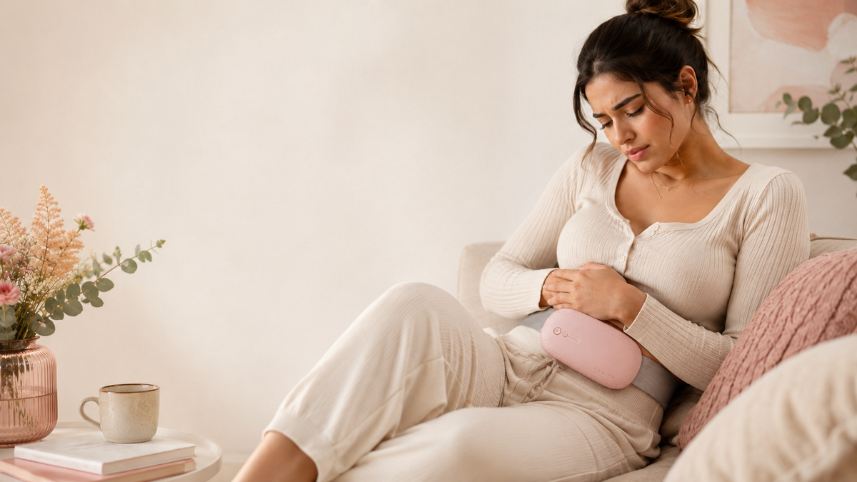 Woman using NuFemme wearable comfort device at home