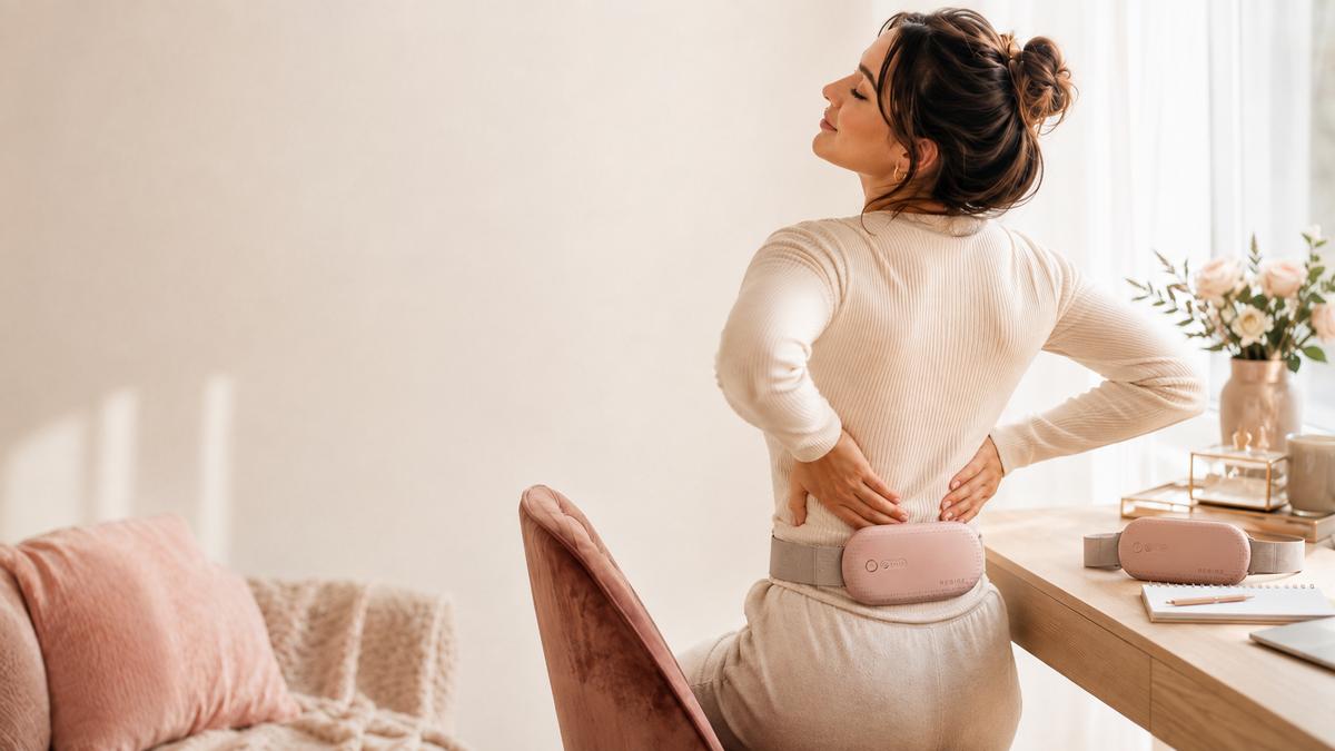 Woman using NuFemme wearable device for lower back comfort at home