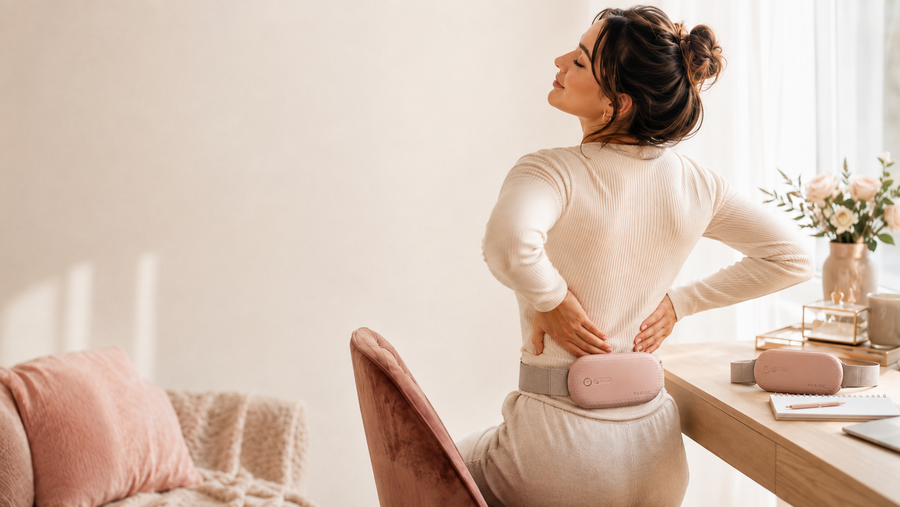 Woman using NuFemme wearable device for lower back comfort at home