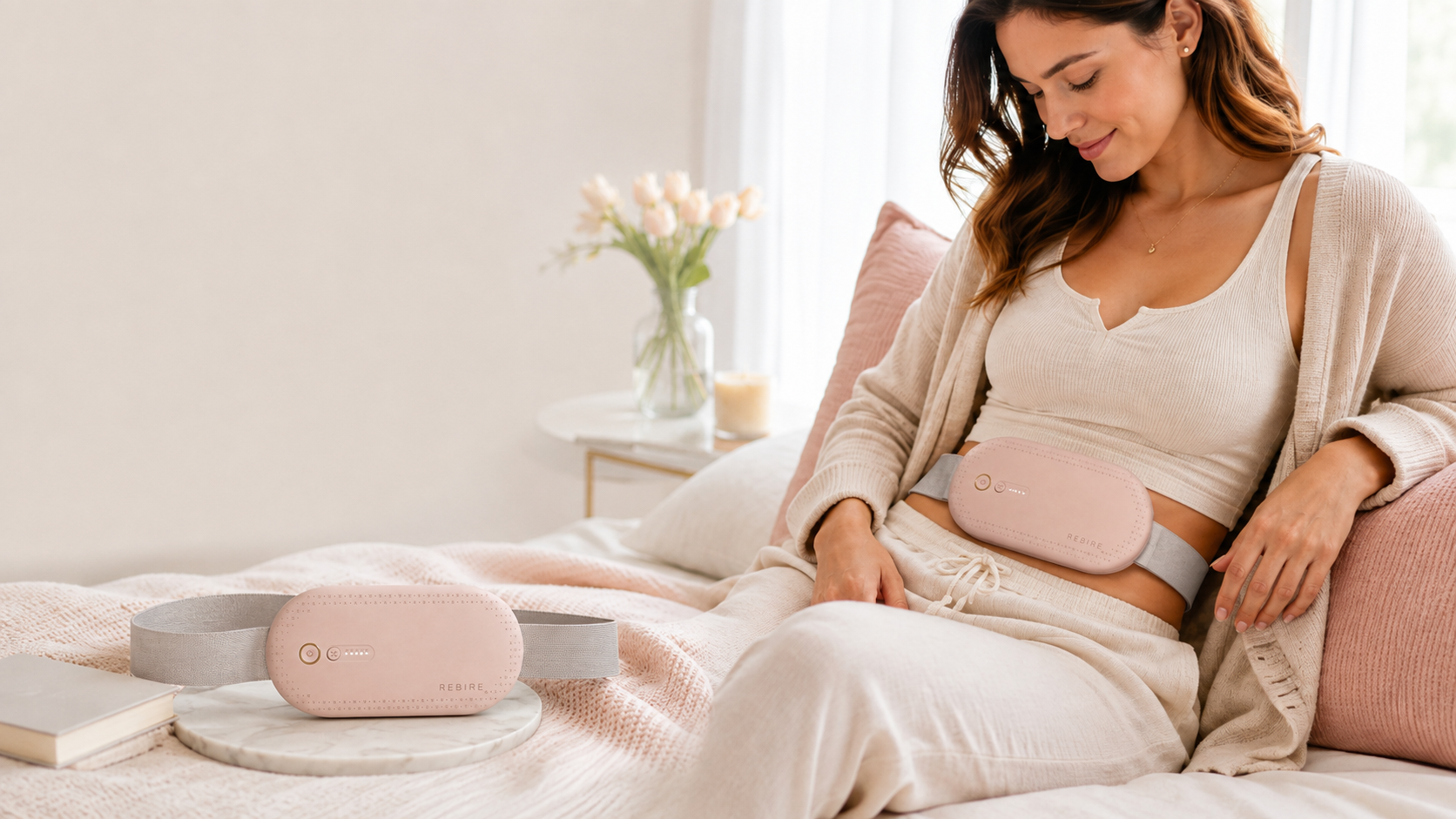 NuFemme wearable heating pad shown in a calm bedroom setting