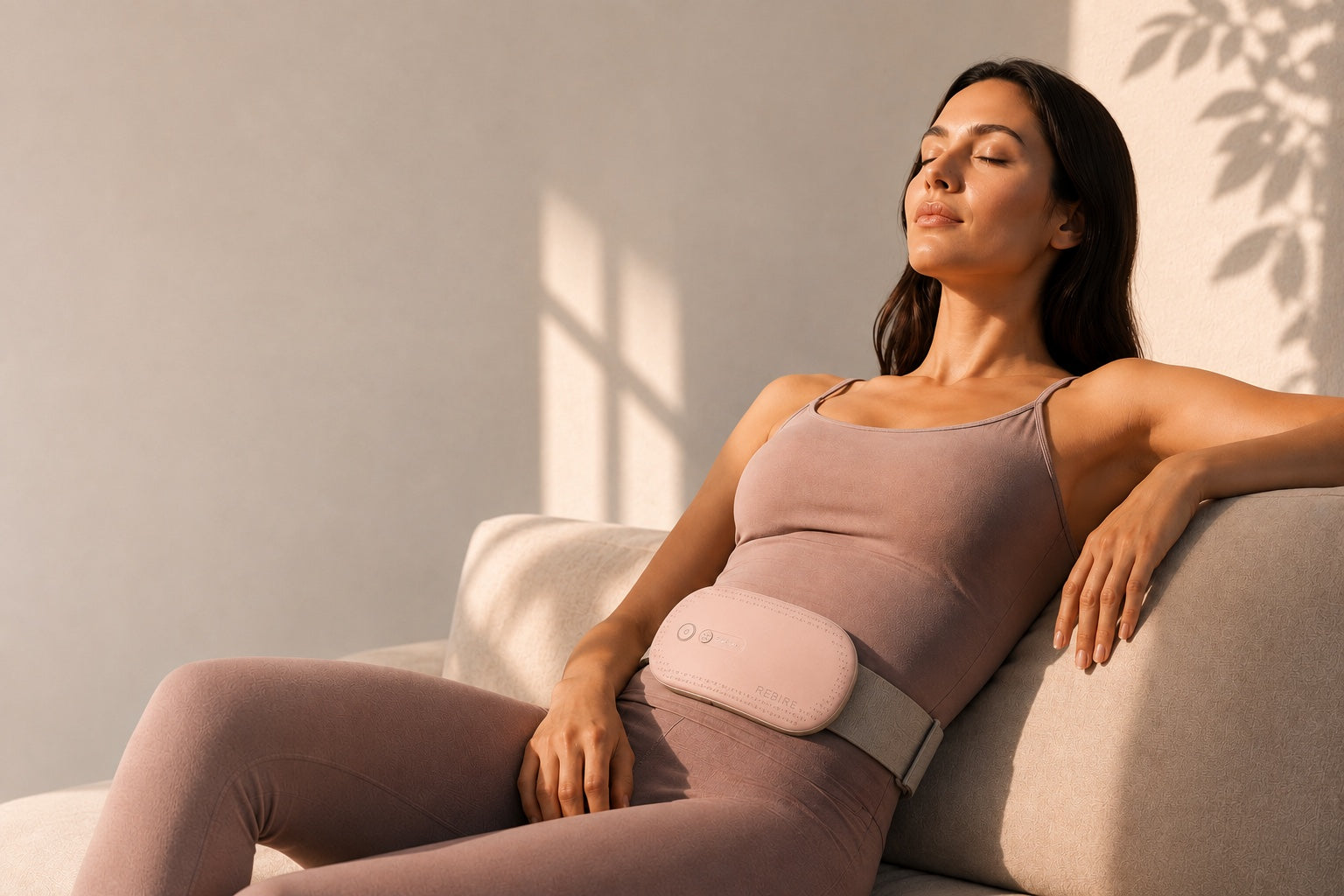 A woman resting in warm daylight, wearing the Rebire belt at her lower abdomen