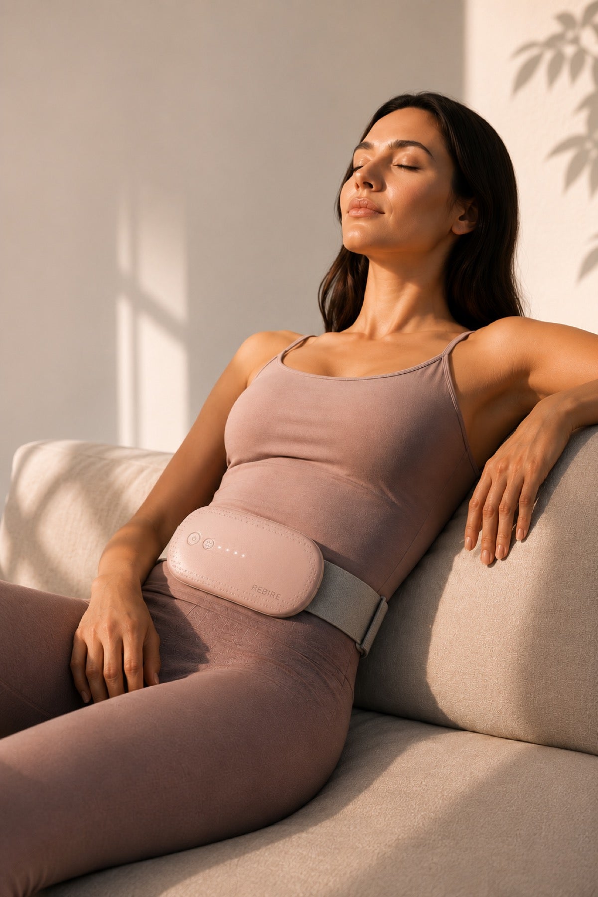A woman resting in afternoon sunlight, the NuFemme belt worn at her stomach