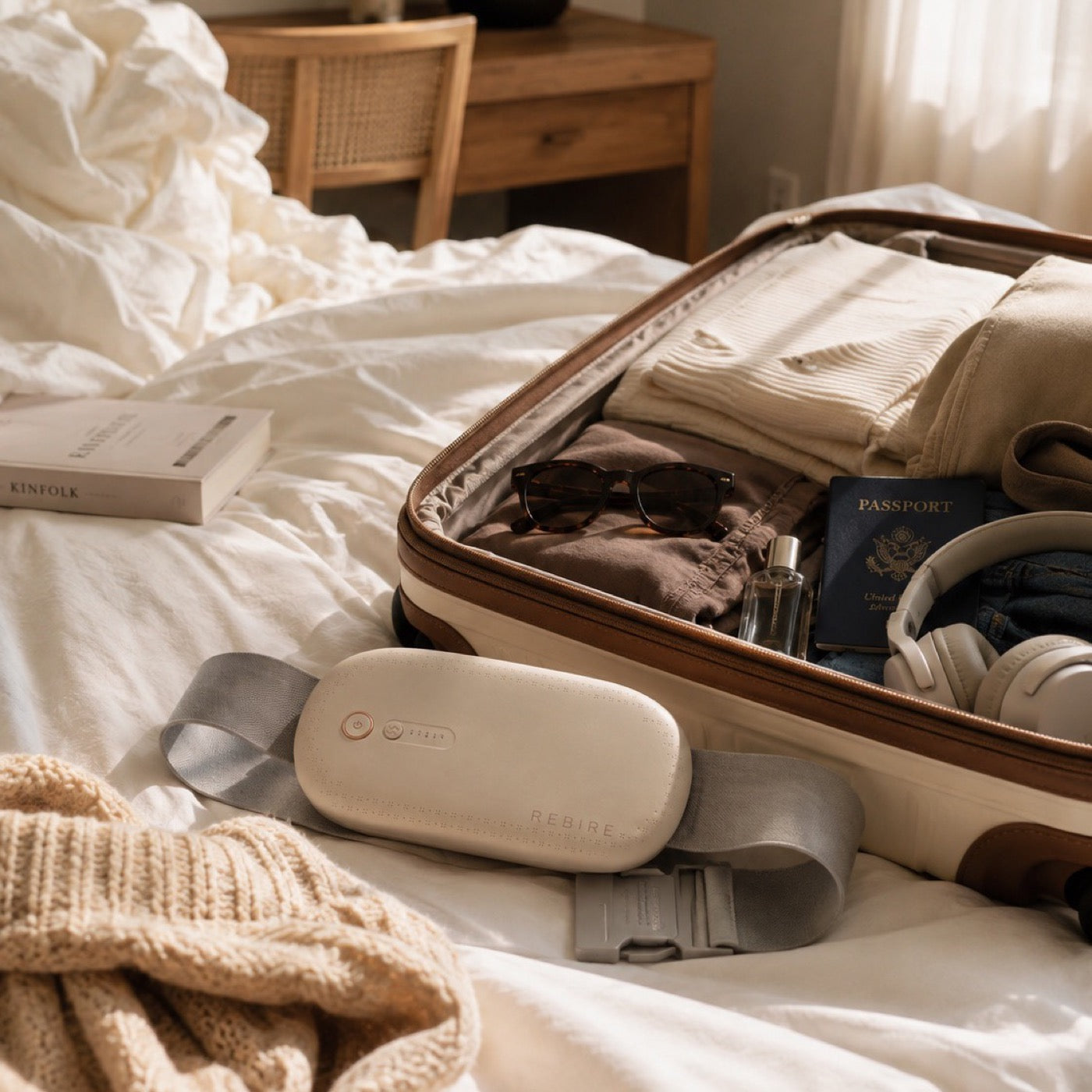 The NuFemme belt packed into an open suitcase beside folded clothes