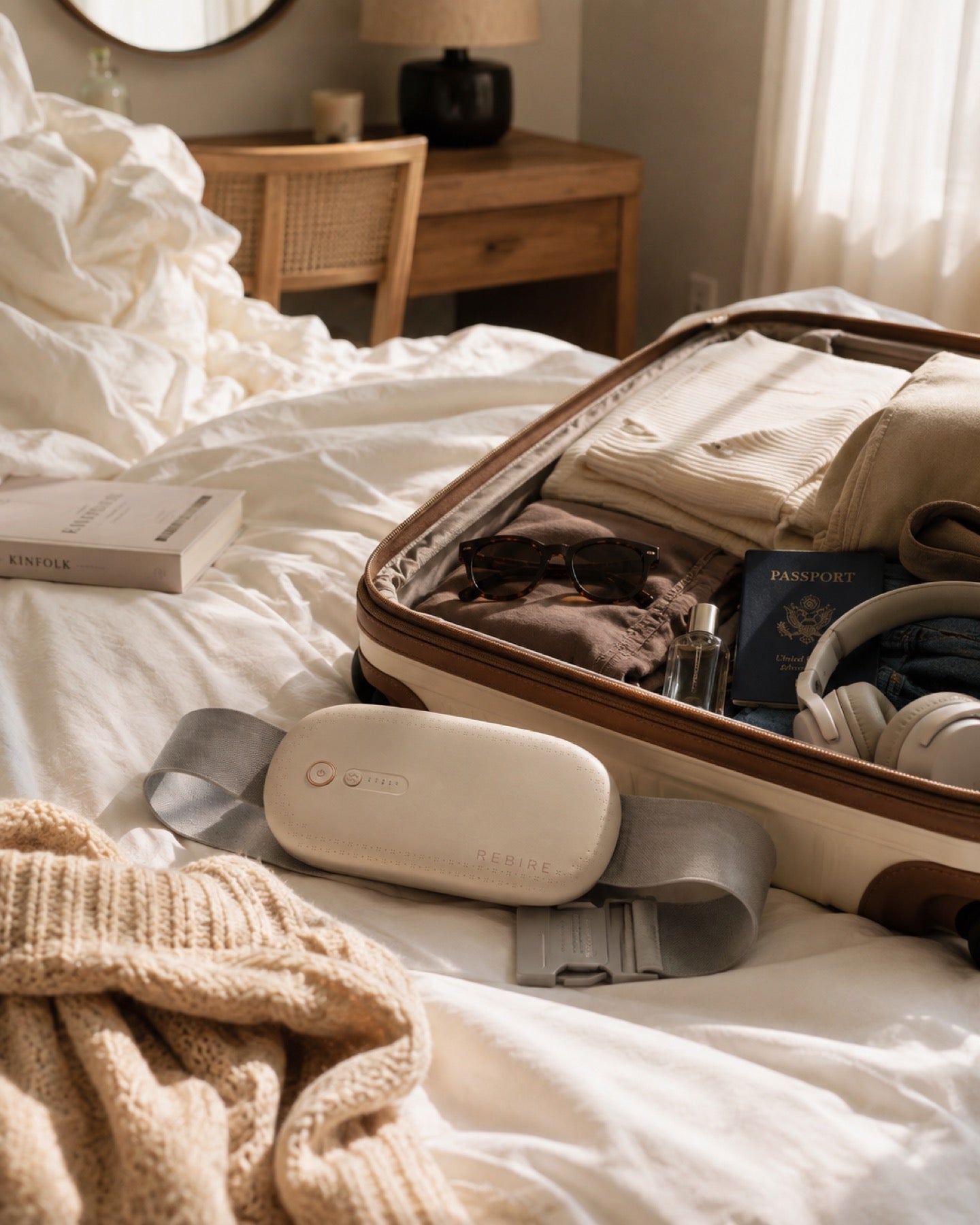 The NuFemme belt packed in an open suitcase on a bed