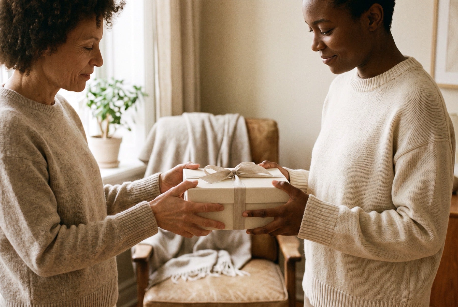 One person handing a wrapped gift box to their partner in a warmly lit living room